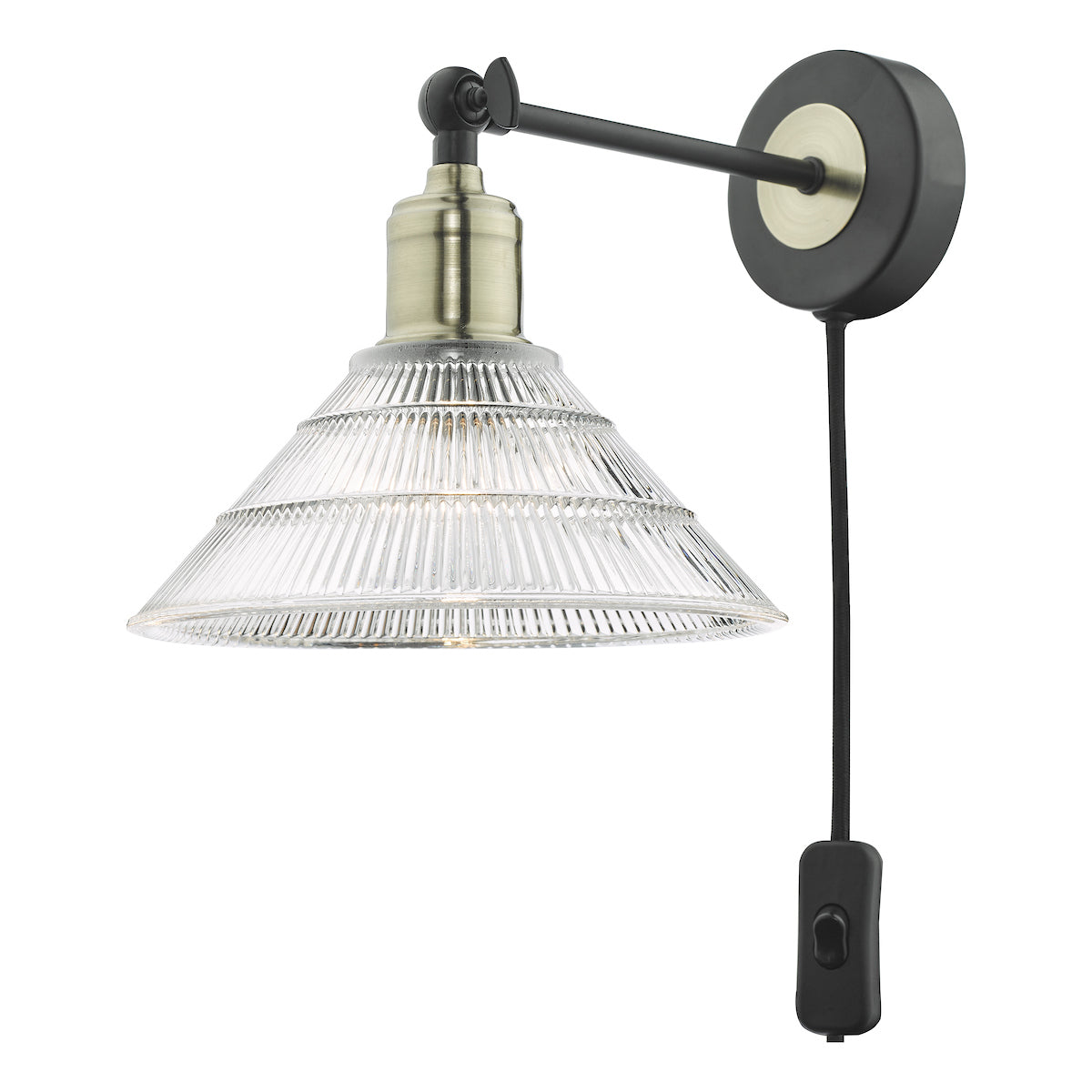 Boyd Single Wall Light Antique Brass & Matt Black With Ribbed Glass Shade - Plug In<br>Antique Brass