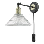 Boyd Single Wall Light Antique Brass & Matt Black With Ribbed Glass Shade - Plug In<br>Antique Brass