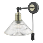Boyd Single Wall Light Antique Brass & Matt Black With Ribbed Glass Shade - Plug In<br>Antique Brass