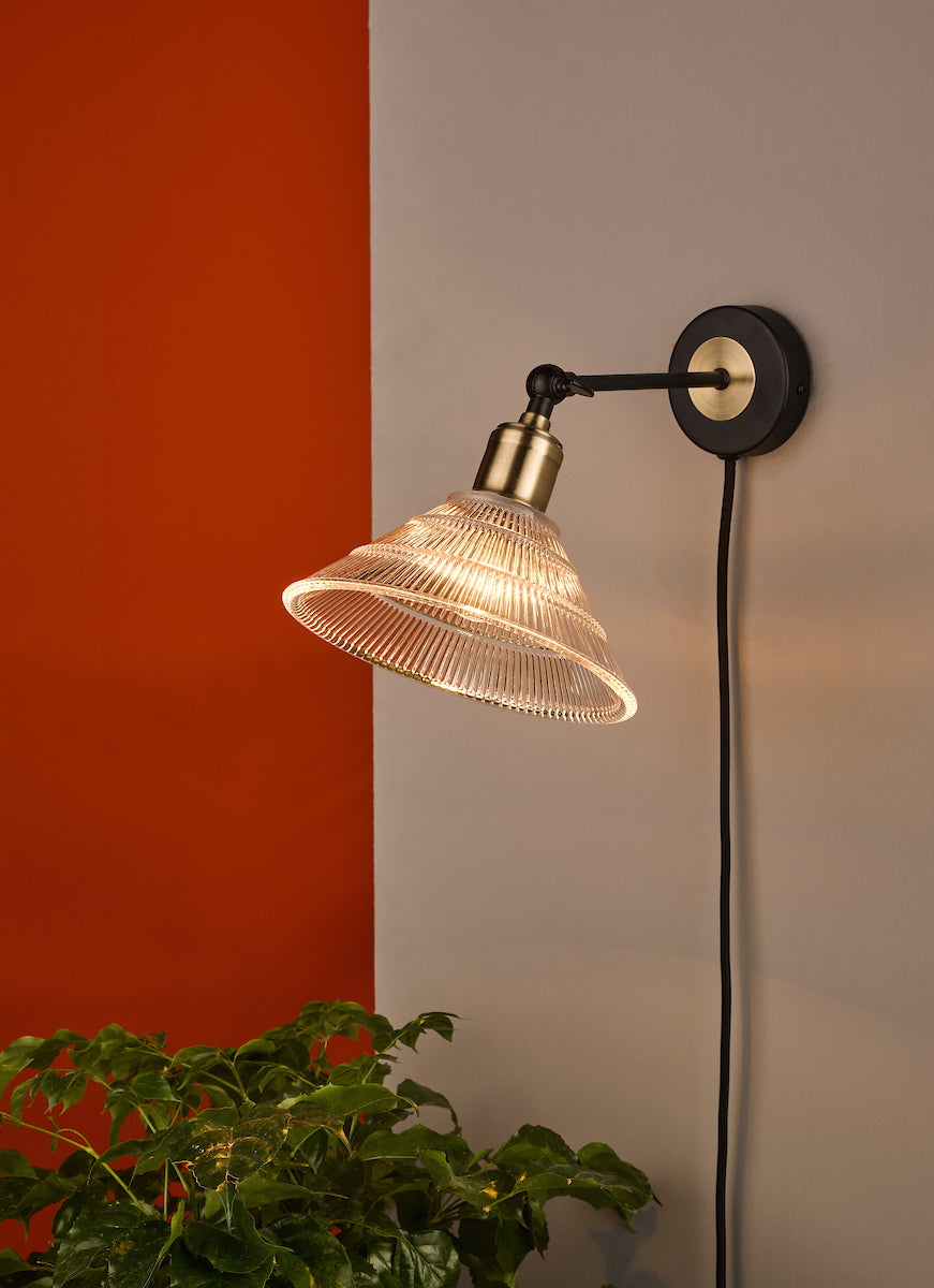 Boyd Single Wall Light Antique Brass & Matt Black With Ribbed Glass Shade - Plug In<br>Antique Brass