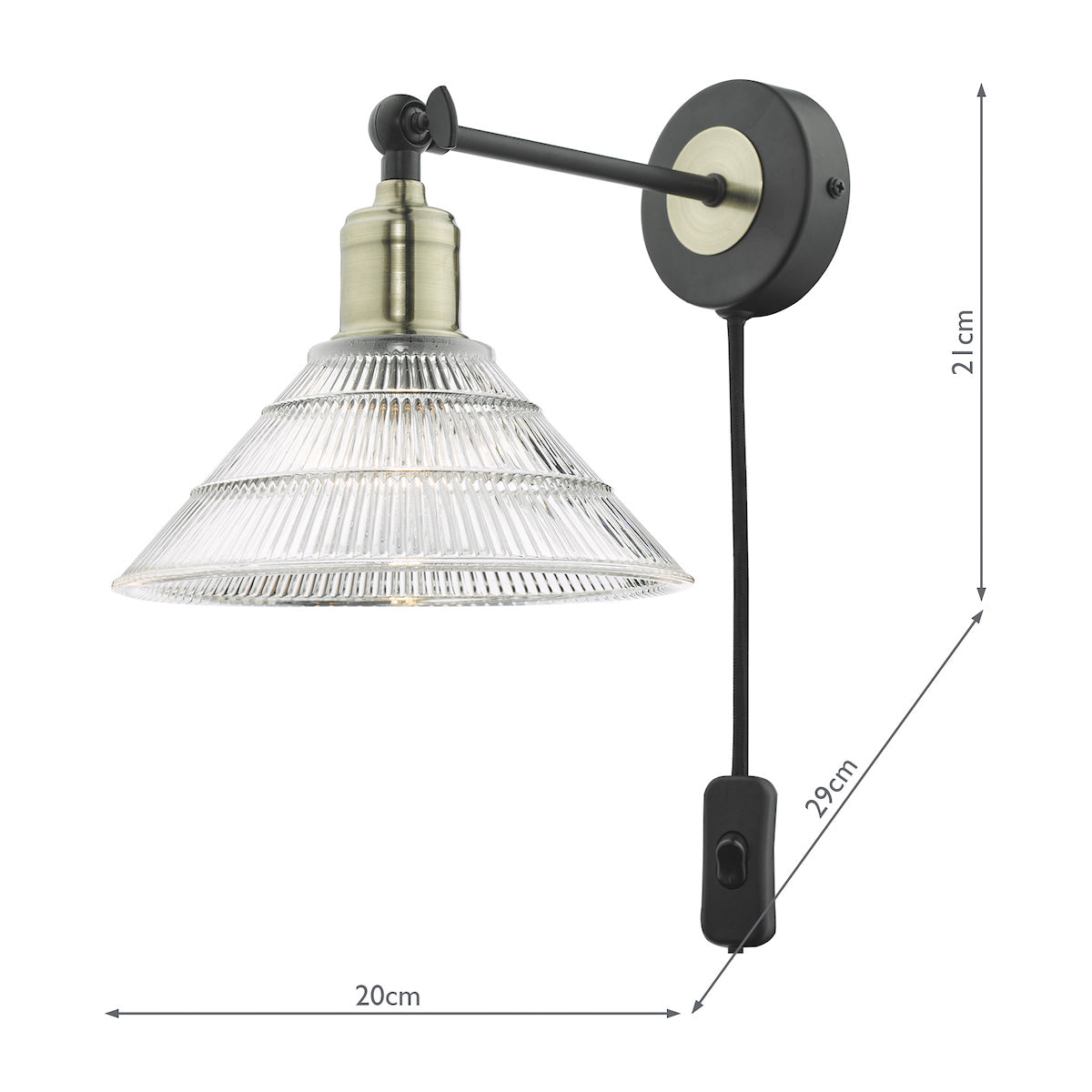 Boyd Single Wall Light Antique Brass & Matt Black With Ribbed Glass Shade - Plug In<br>Antique Brass