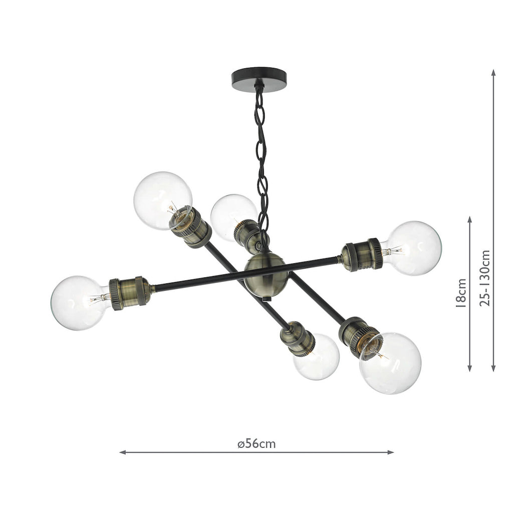 Brigade 6 Light Pendant Black & Antique Brass<br>Matt Black