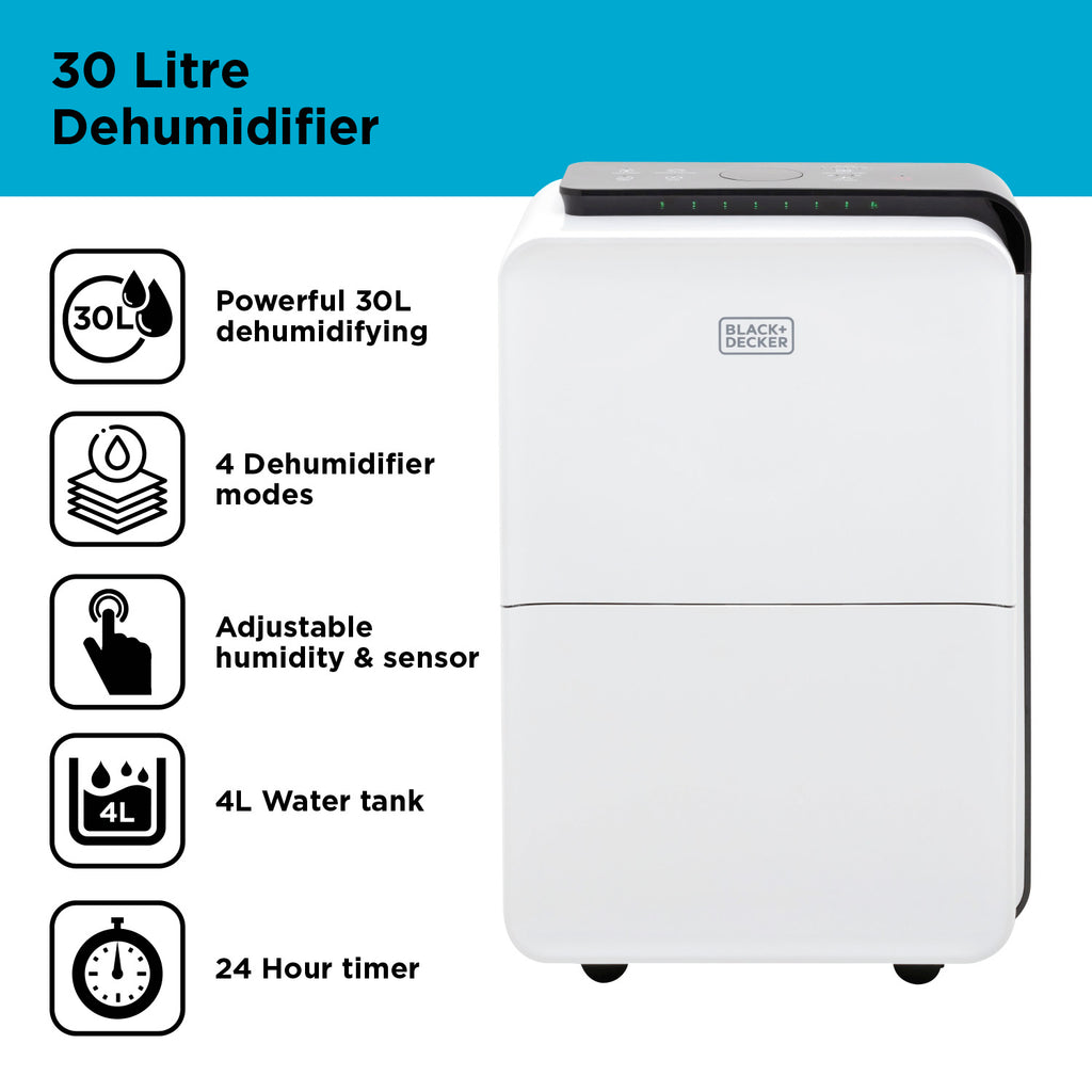Black+Decker BXEH60008GB 30L Dehumidifier - 24 Hour Timer -  4L Water Tank