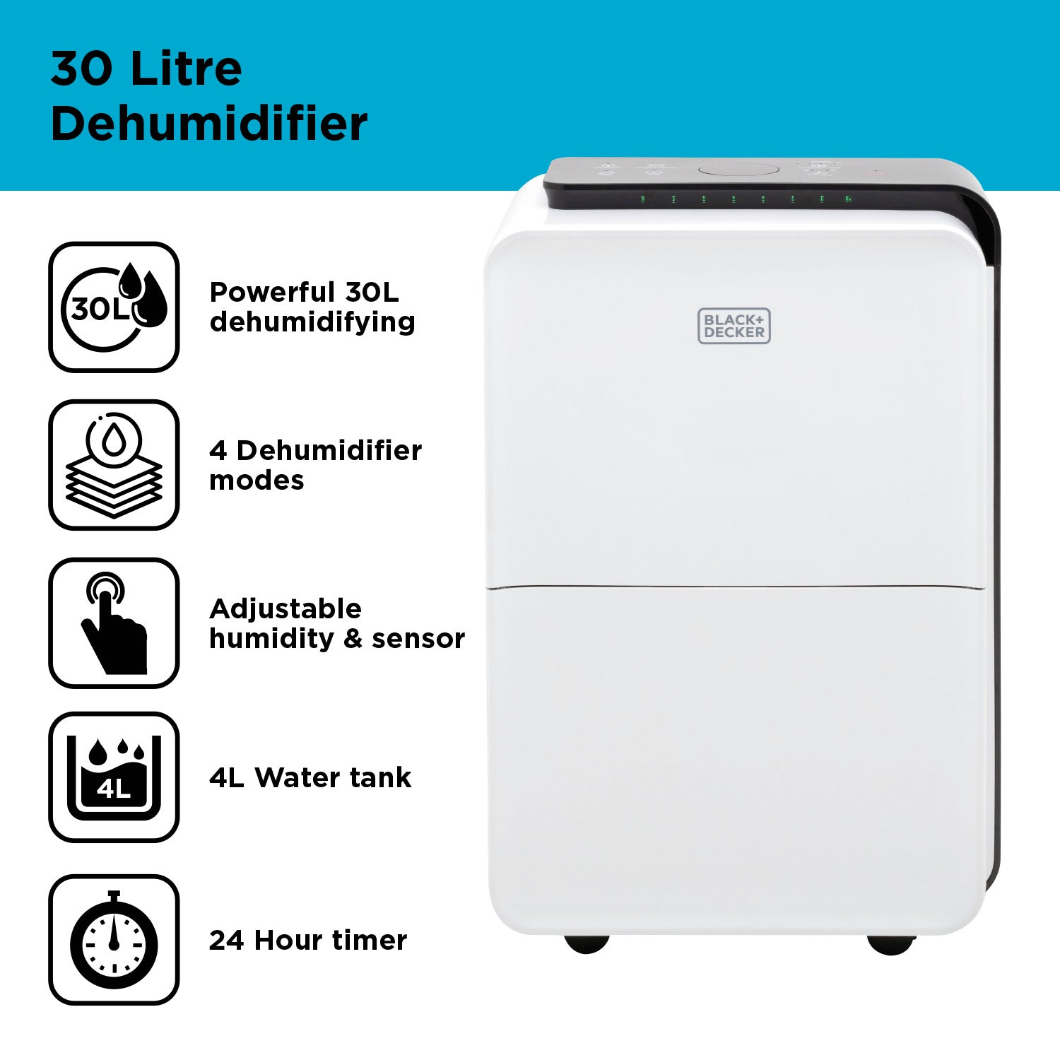 Black+Decker BXEH60008GB 30L Dehumidifier - 24 Hour Timer -  4L Water Tank