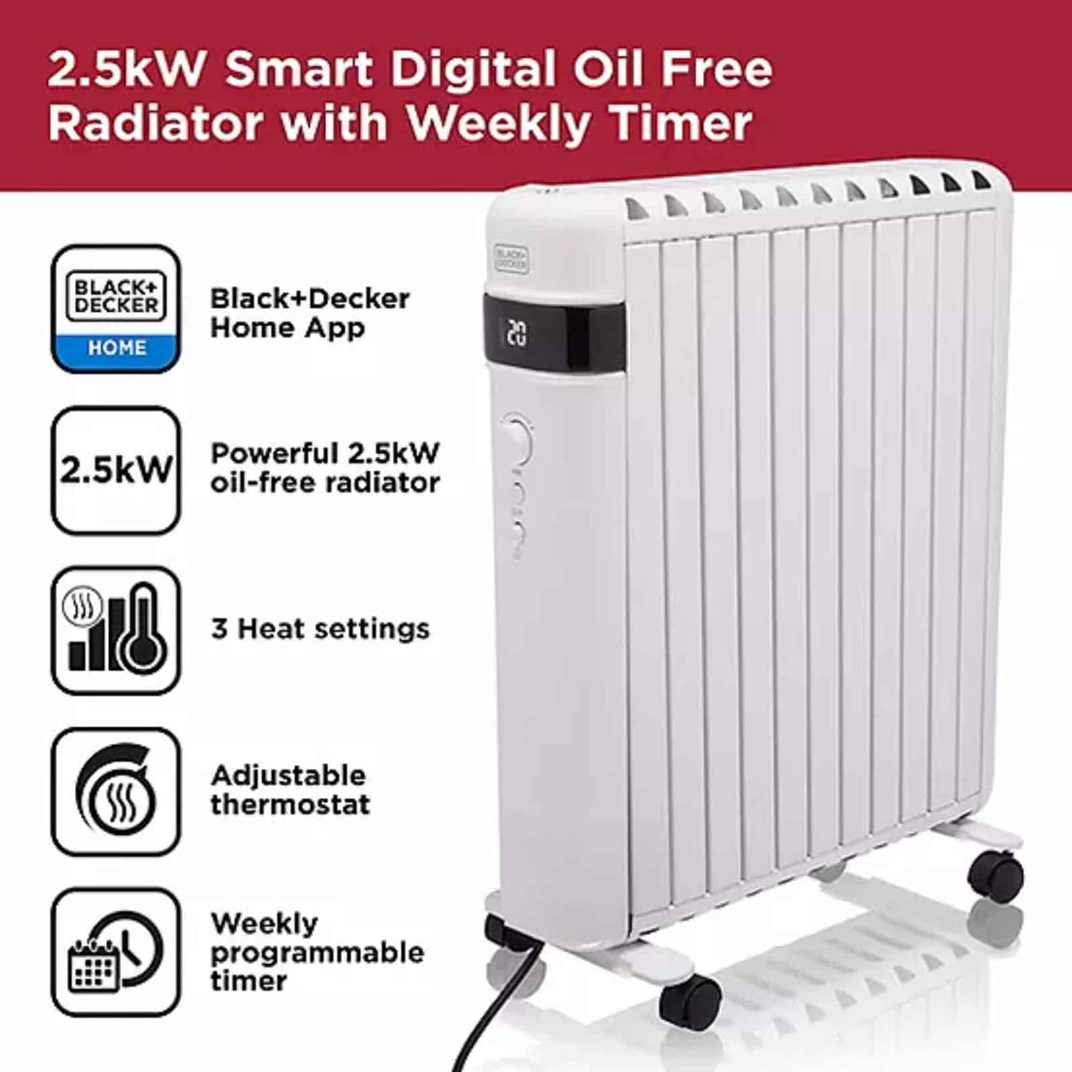Black  & Decker BXRA43017GB 2.5KW Smart Digital Oil Free Radiator - White