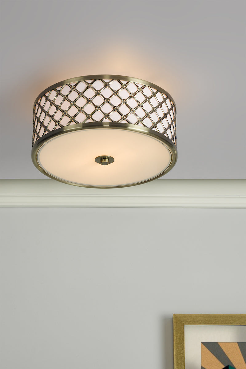 Civic Small 2 Light Flush Antique Brass Frosted Glass<br>Antique Brass