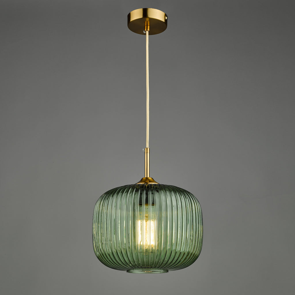Demarius 1 Light Pendant Green Glass Bronze Detail<br>Green Ribbed Glass