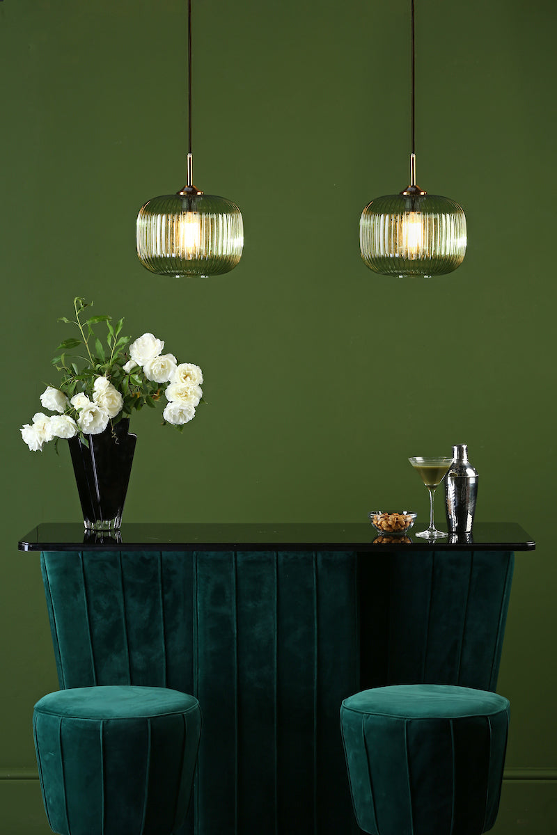 Demarius 1 Light Pendant Green Glass Bronze Detail<br>Green Ribbed Glass