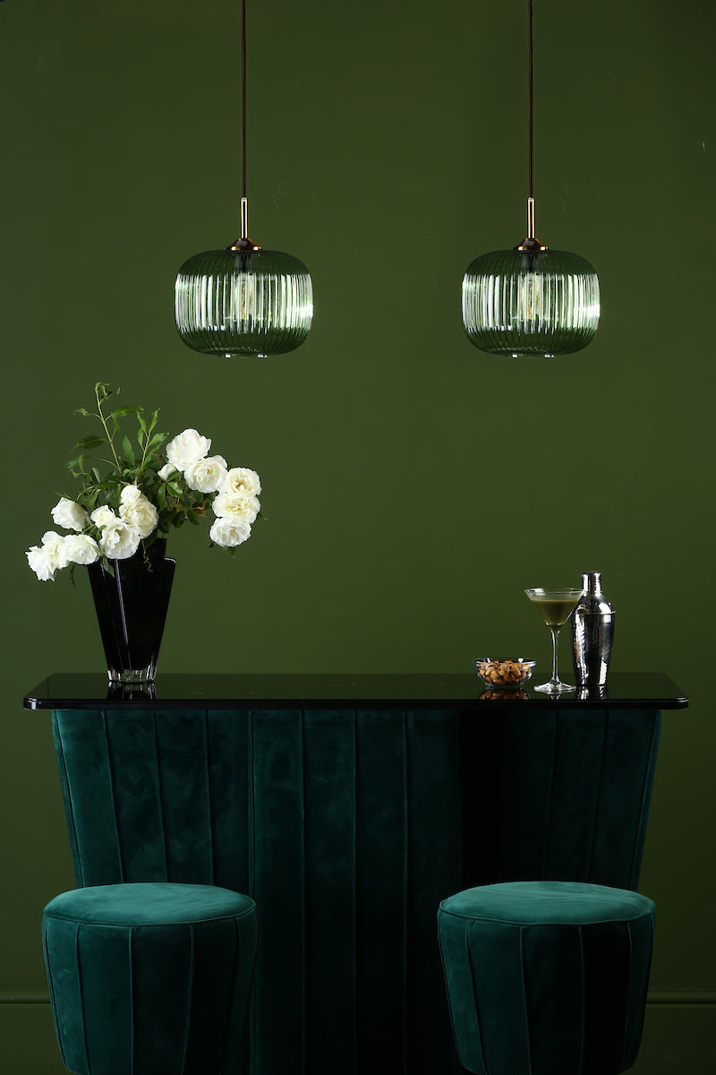 Demarius 1 Light Pendant Green Glass Bronze Detail<br>Green Ribbed Glass