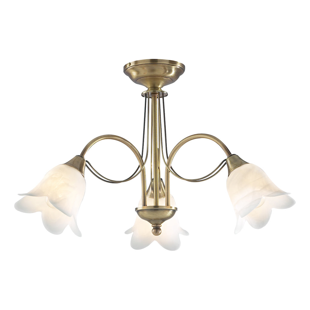 Doublet 3 Light Semi Flush Antique Brass complete with Alabaster Glass<br>Antique Brass