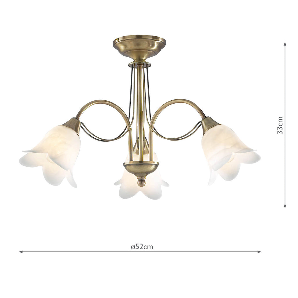 Doublet 3 Light Semi Flush Antique Brass complete with Alabaster Glass<br>Antique Brass