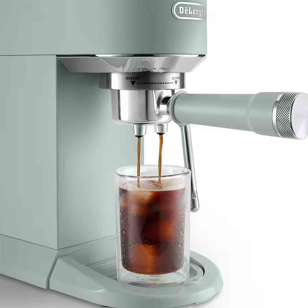 Delonghi EC890GR Dedica Duo Espresso Machine with Advanced Milk Steam Wand & Cold Brew Option in Green