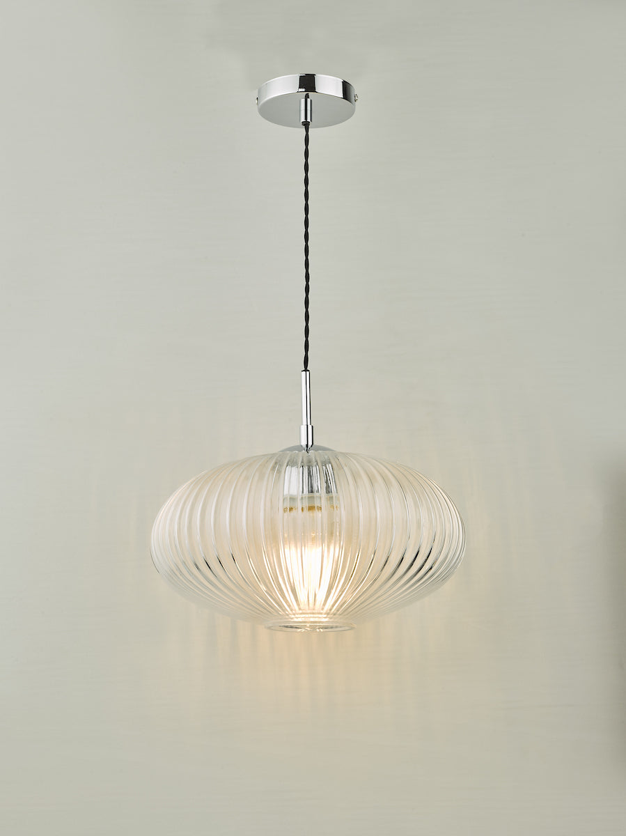 Edmond 1 Light Single Pendant Polished Chrome Ribbed Glass<br>Ribbed Glass
