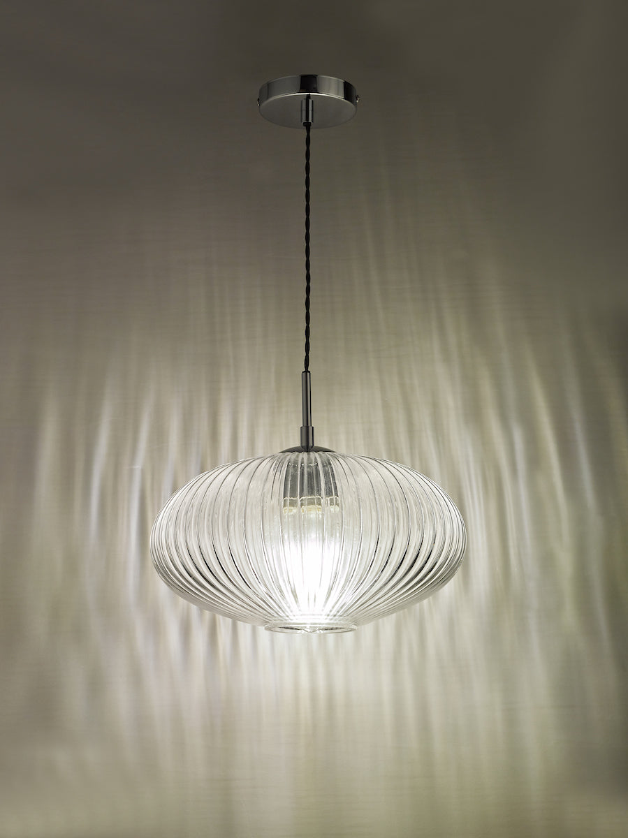 Edmond 1 Light Single Pendant Polished Chrome Ribbed Glass<br>Ribbed Glass