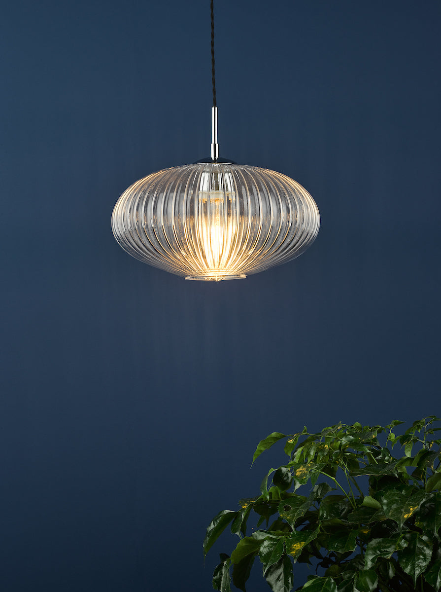 Edmond 1 Light Single Pendant Polished Chrome Ribbed Glass<br>Ribbed Glass