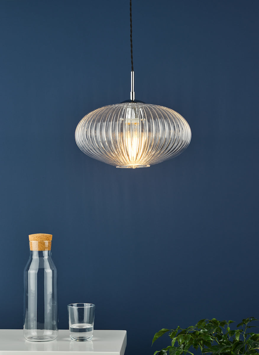 Edmond 1 Light Single Pendant Polished Chrome Ribbed Glass<br>Ribbed Glass