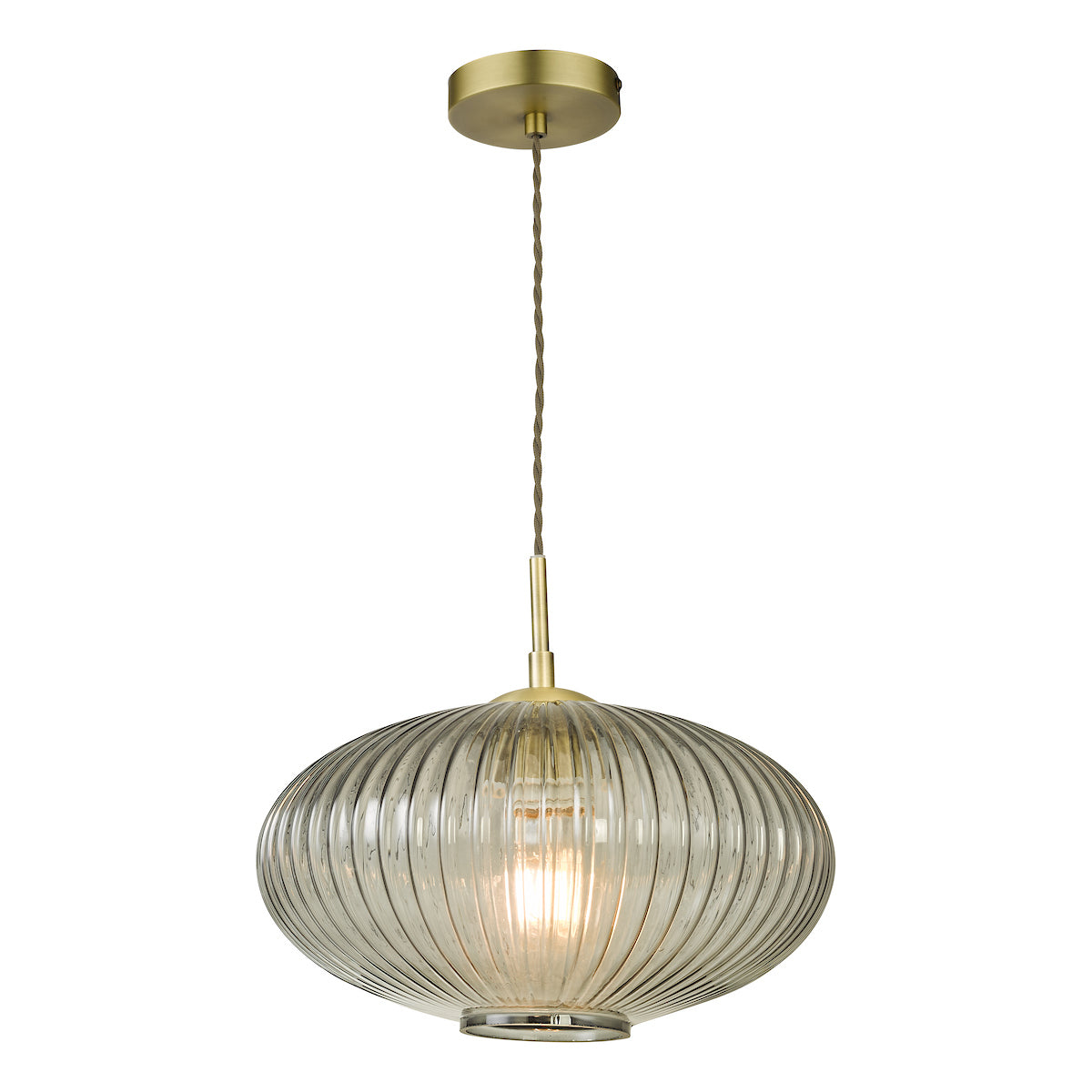 Edmond 1 Light Pendant Smoked Glass Antique Brass Detail<br>Smoked Ribbed Glass