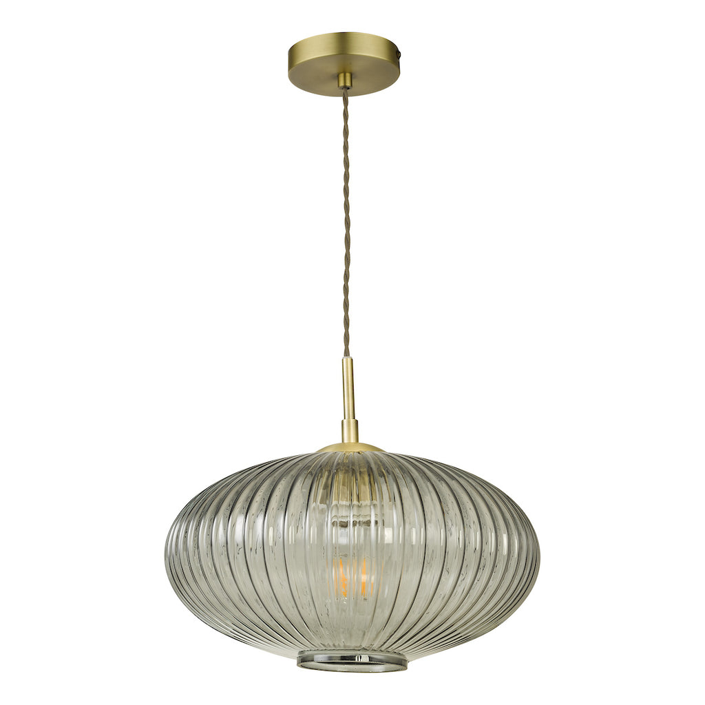 Edmond 1 Light Pendant Smoked Glass Antique Brass Detail<br>Smoked Ribbed Glass