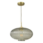 Edmond 1 Light Pendant Smoked Glass Antique Brass Detail<br>Smoked Ribbed Glass