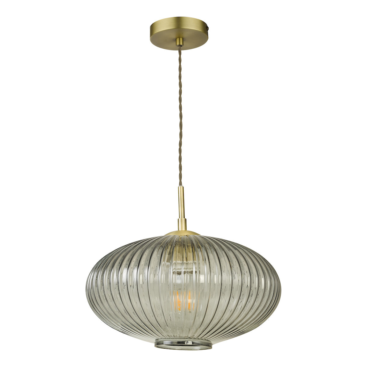 Edmond 1 Light Pendant Smoked Glass Antique Brass Detail<br>Smoked Ribbed Glass