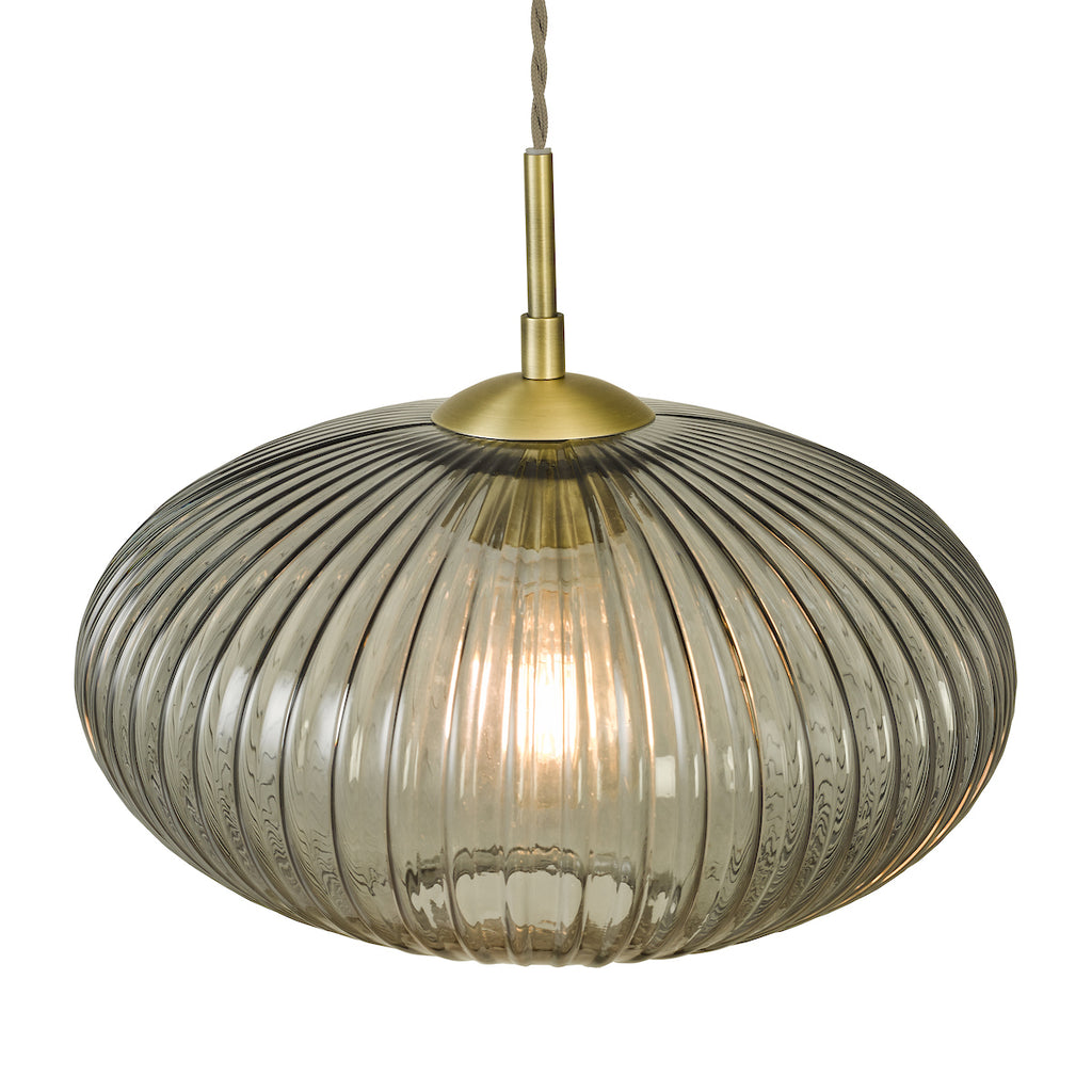 Edmond 1 Light Pendant Smoked Glass Antique Brass Detail<br>Smoked Ribbed Glass