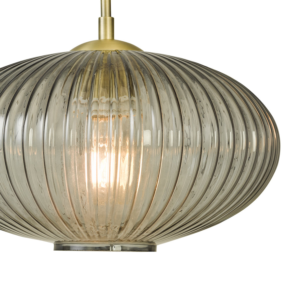 Edmond 1 Light Pendant Smoked Glass Antique Brass Detail<br>Smoked Ribbed Glass