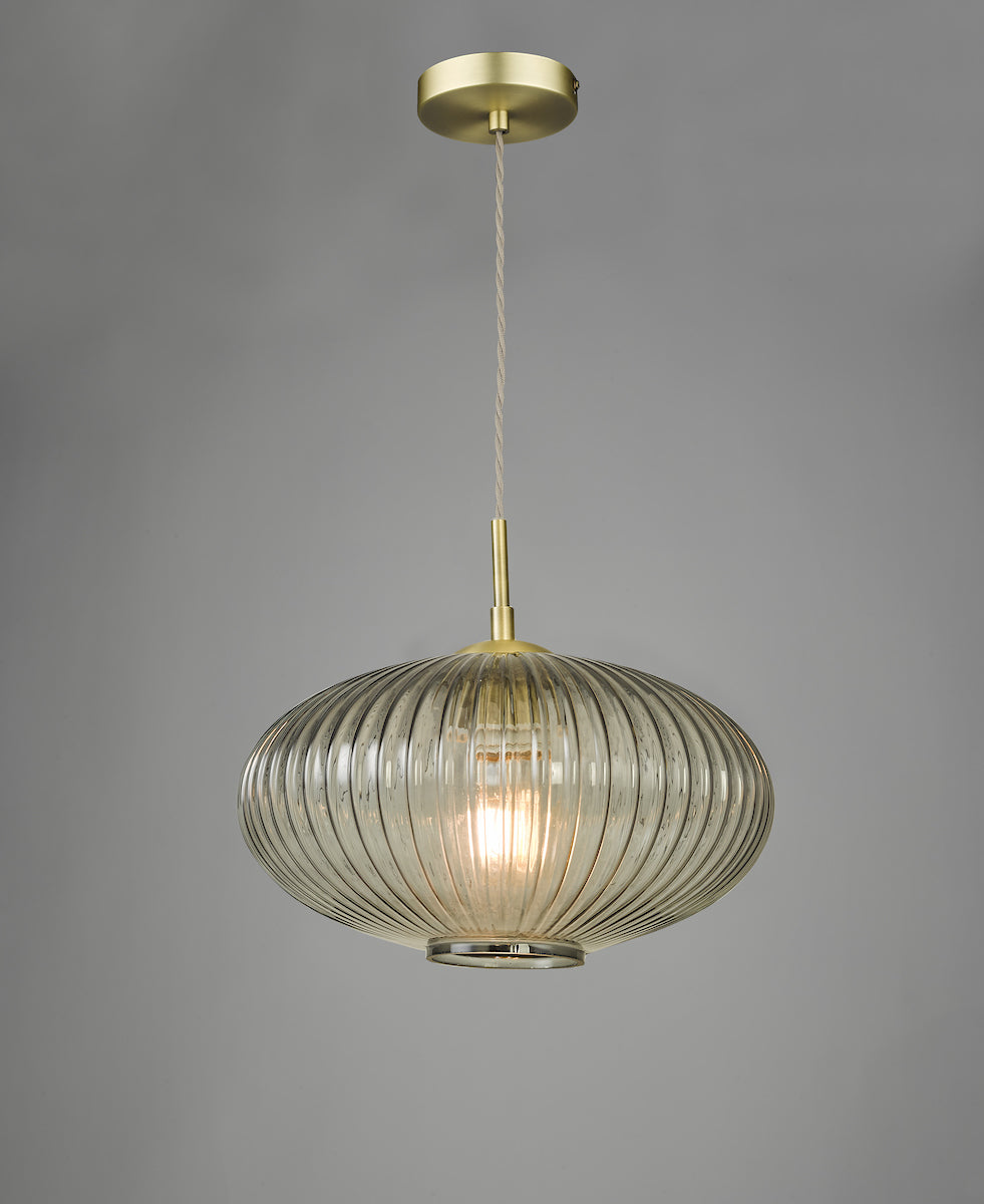 Edmond 1 Light Pendant Smoked Glass Antique Brass Detail<br>Smoked Ribbed Glass