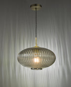 Edmond 1 Light Pendant Smoked Glass Antique Brass Detail<br>Smoked Ribbed Glass
