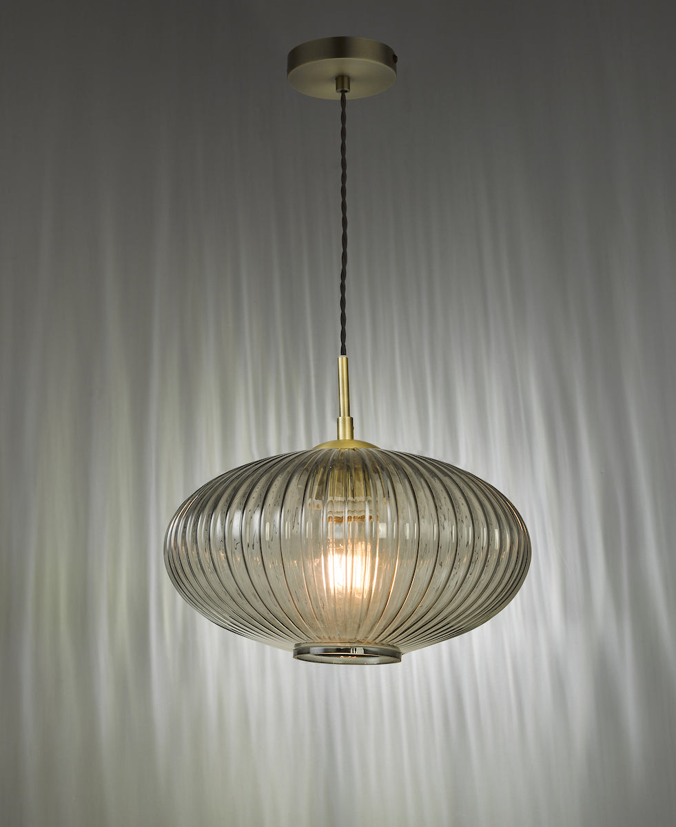 Edmond 1 Light Pendant Smoked Glass Antique Brass Detail<br>Smoked Ribbed Glass