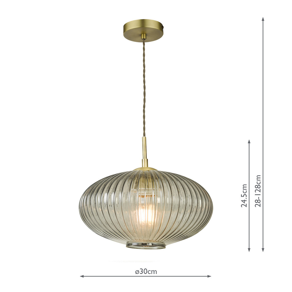 Edmond 1 Light Pendant Smoked Glass Antique Brass Detail<br>Smoked Ribbed Glass