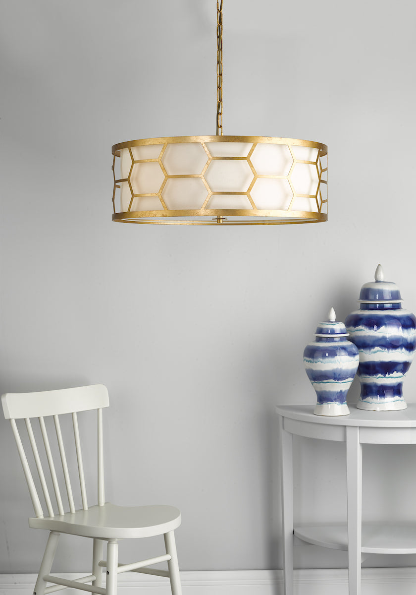 Epstein 4 Light Pendant Gold With Ivory Shade & Glass Diffuser<br>Distressed Gold Leaf