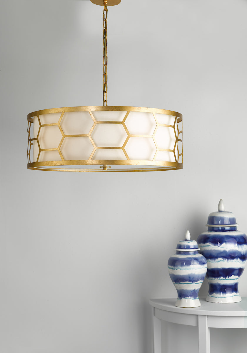 Epstein 4 Light Pendant Gold With Ivory Shade & Glass Diffuser<br>Distressed Gold Leaf