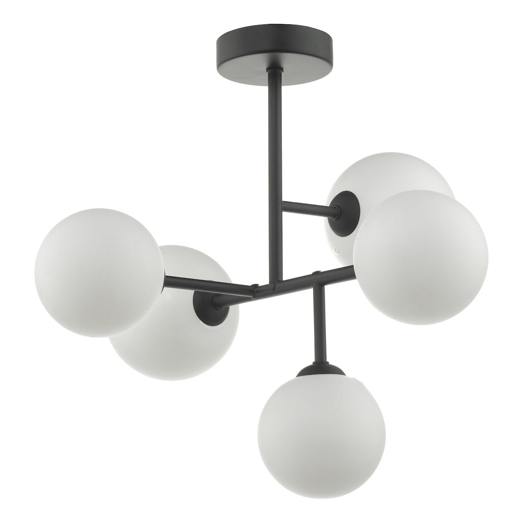 Euan 5 Light Semi Flush Black & Opal Glass<br>Matt Black