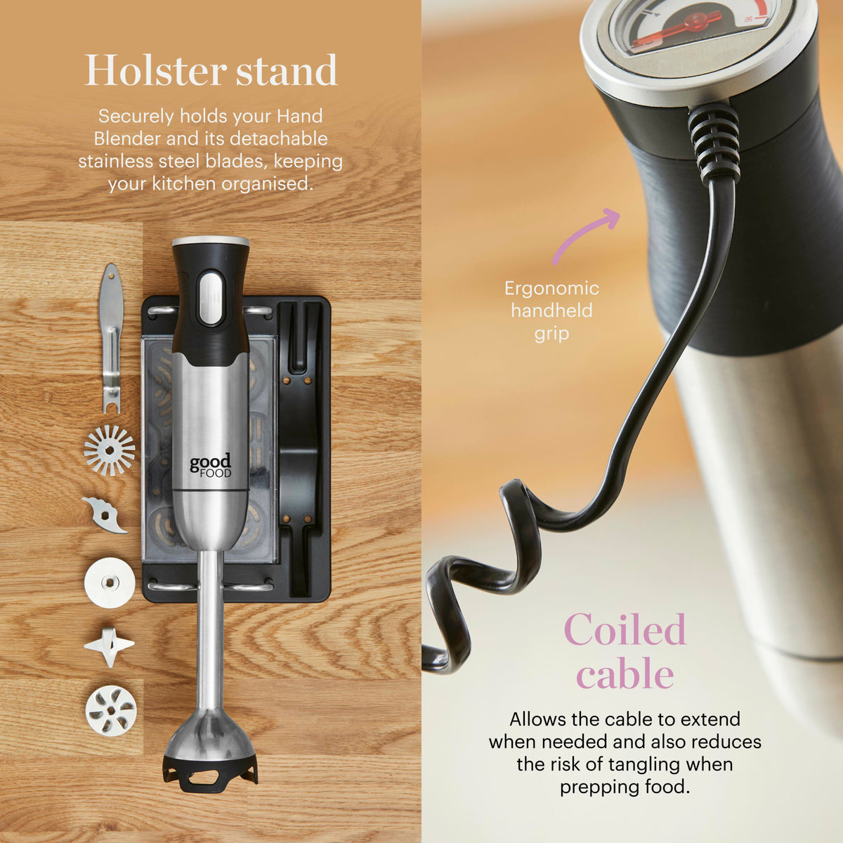 Good Food By Tower GF12012 5-in-1 Digital Hand Blender with Stand &amp; 600ml Beaker-5 Interchangeable Blades-Stainless Steel