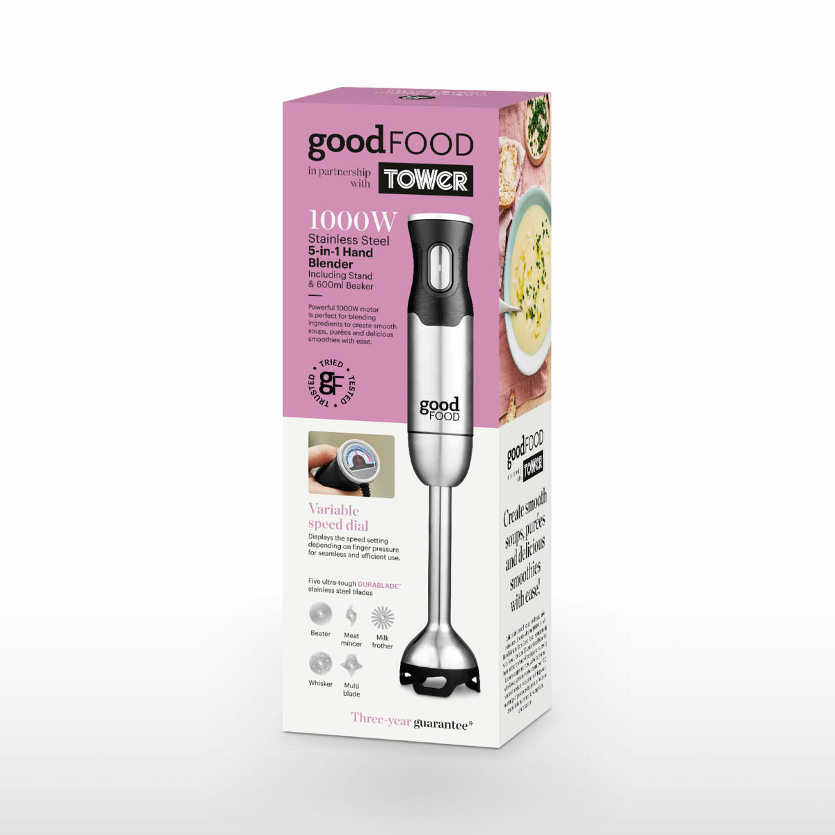 Good Food By Tower GF12012 5-in-1 Digital Hand Blender with Stand &amp; 600ml Beaker-5 Interchangeable Blades-Stainless Steel