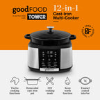 Good Food By Tower  GF16012 Electrical Dutch Oven with 12 Cooking Pre-sets - Removable Cast Iron Pot -  Cast Iron - 12 Hour Timer - 1500W Black &amp; Stainless Steel