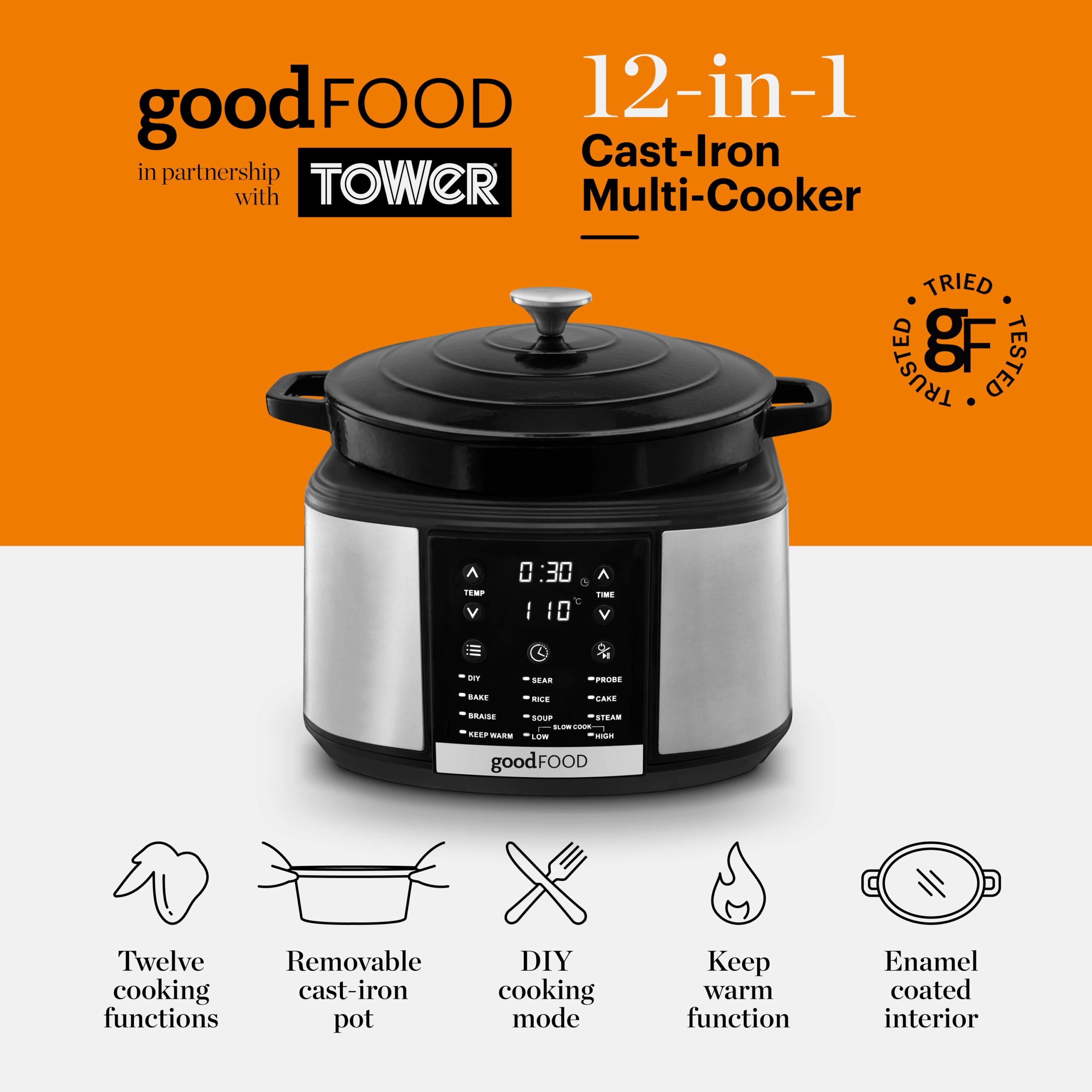 Good Food By Tower  GF16012 Electrical Dutch Oven with 12 Cooking Pre-sets - Removable Cast Iron Pot -  Cast Iron - 12 Hour Timer - 1500W Black &amp; Stainless Steel
