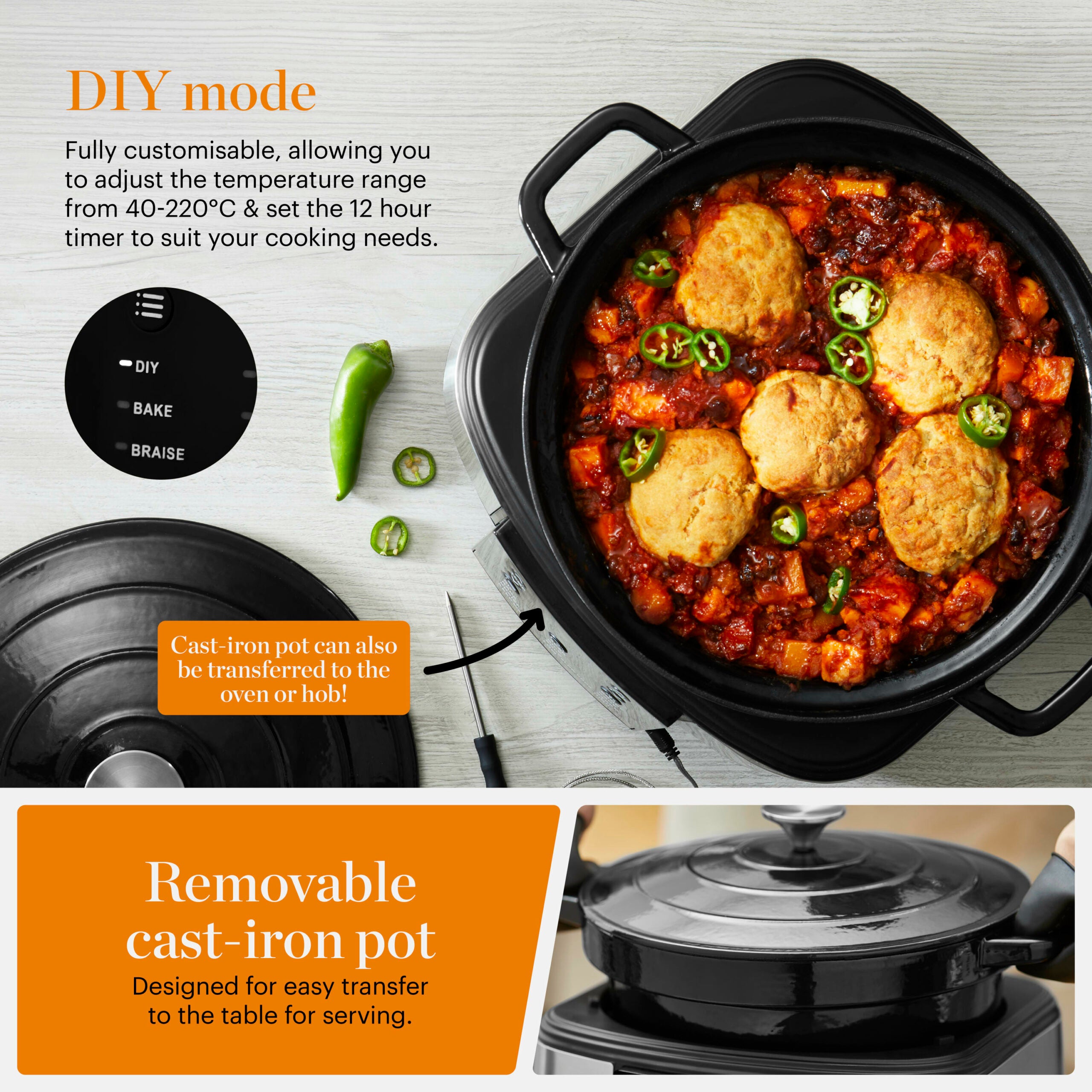 Good Food By Tower  GF16012 Electrical Dutch Oven with 12 Cooking Pre-sets - Removable Cast Iron Pot -  Cast Iron - 12 Hour Timer - 1500W Black &amp; Stainless Steel