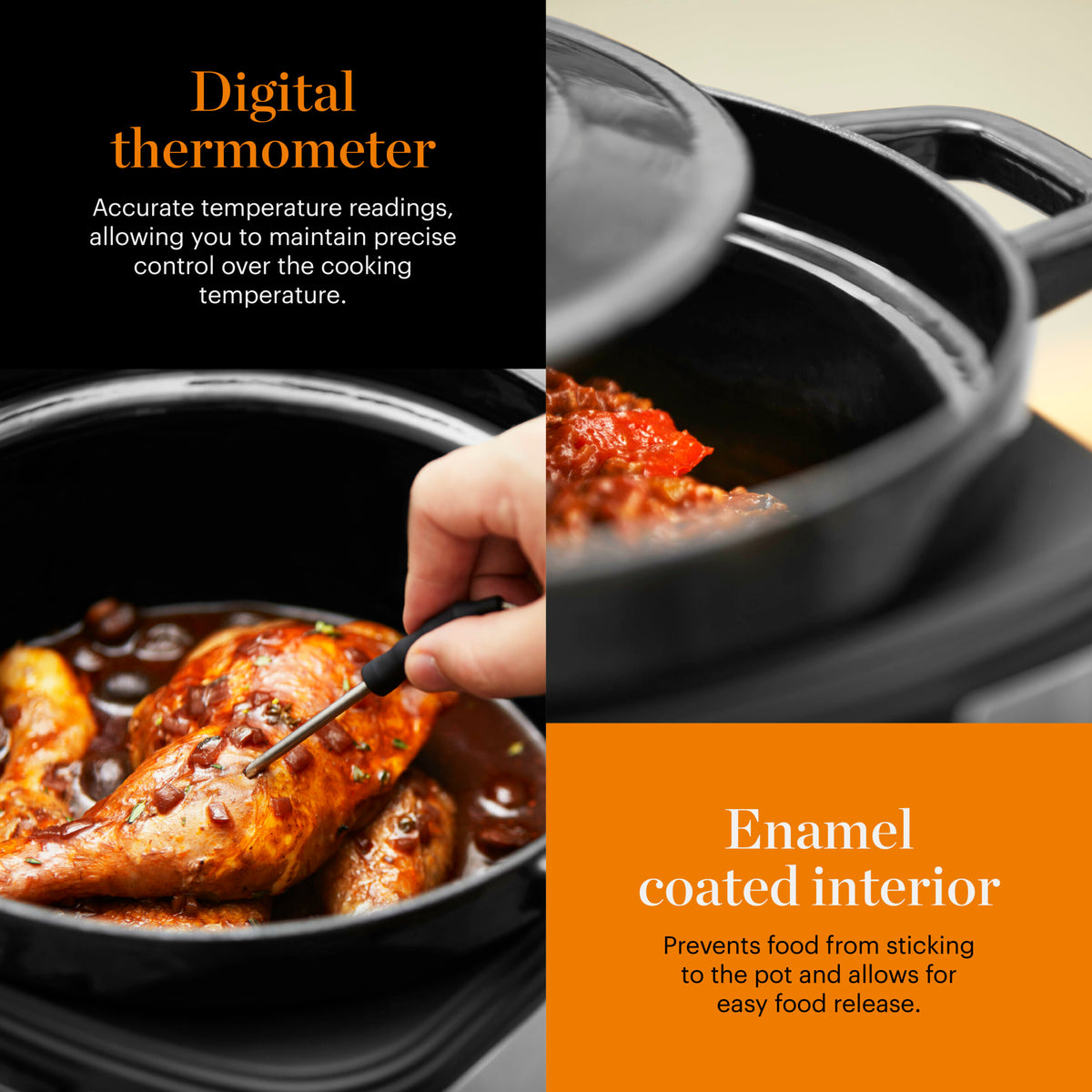 Good Food By Tower  GF16012 Electrical Dutch Oven with 12 Cooking Pre-sets - Removable Cast Iron Pot -  Cast Iron - 12 Hour Timer - 1500W Black &amp; Stainless Steel