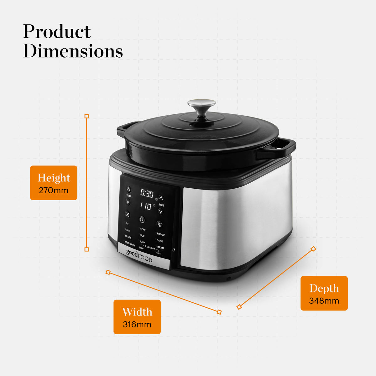 Good Food By Tower  GF16012 Electrical Dutch Oven with 12 Cooking Pre-sets - Removable Cast Iron Pot -  Cast Iron - 12 Hour Timer - 1500W Black &amp; Stainless Steel
