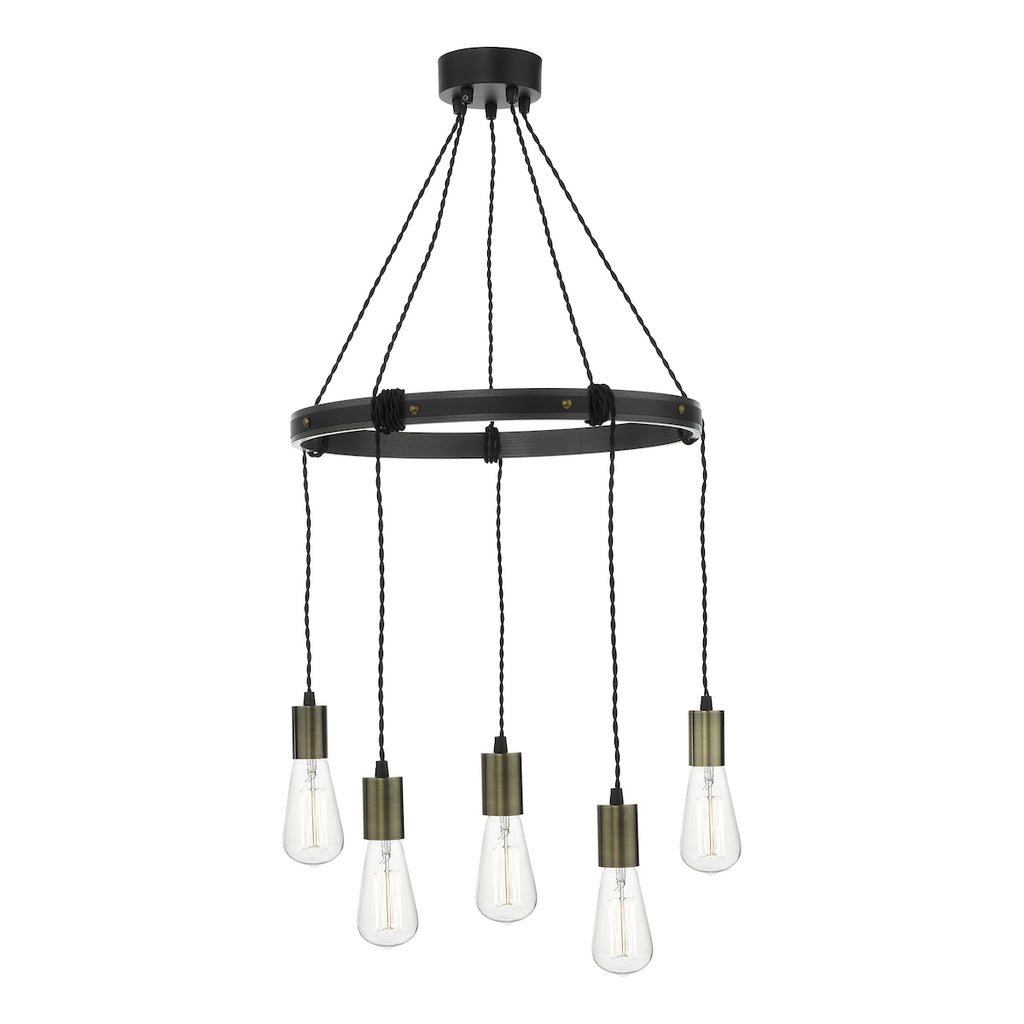 Ivan 5 Light Pendant Rustic Wood Aged Brass Detail<br>Matt Brown