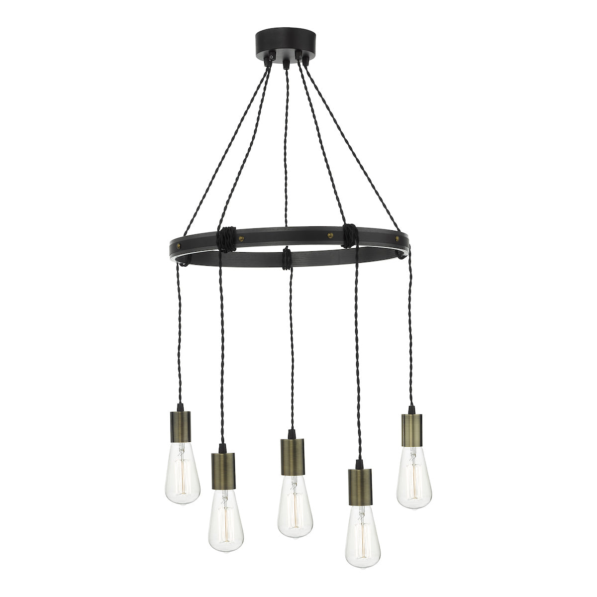 Ivan 5 Light Pendant Rustic Wood Aged Brass Detail<br>Matt Brown