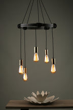 Ivan 5 Light Pendant Rustic Wood Aged Brass Detail<br>Matt Brown