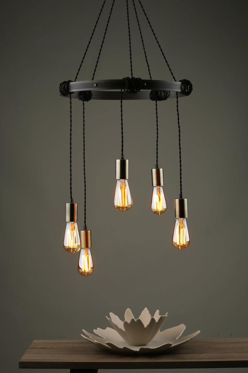 Ivan 5 Light Pendant Rustic Wood Aged Brass Detail<br>Matt Brown