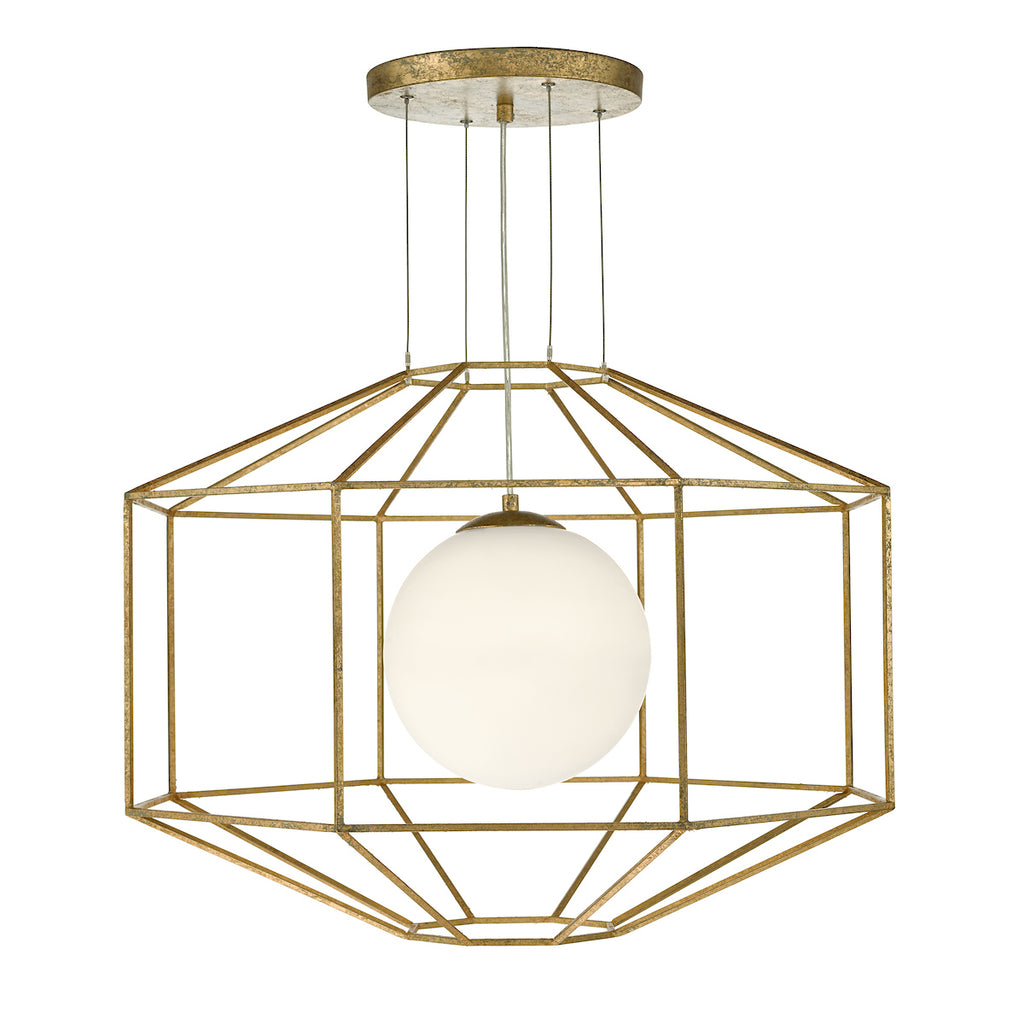 Izmir 1 Light Pendant Hexagonal Old Gold Frame Opal Glass<br>Gold Leaf