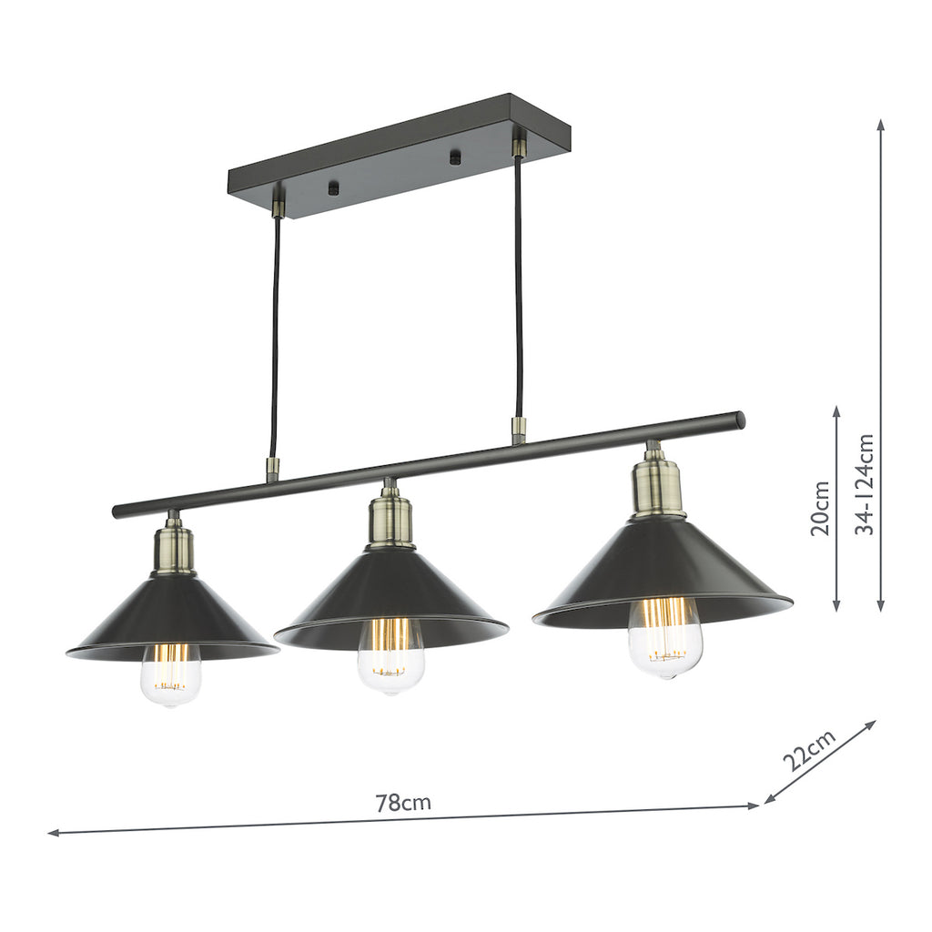 Jalen 3 Light Bar Pendant Graphite Antique Brass<br>Matt Grey
