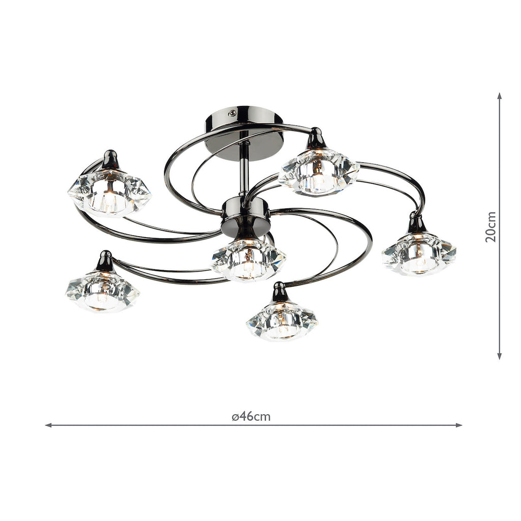 Luther 6 Light Semi Flush Black Chrome Crystal<br>Polished Black Chrome