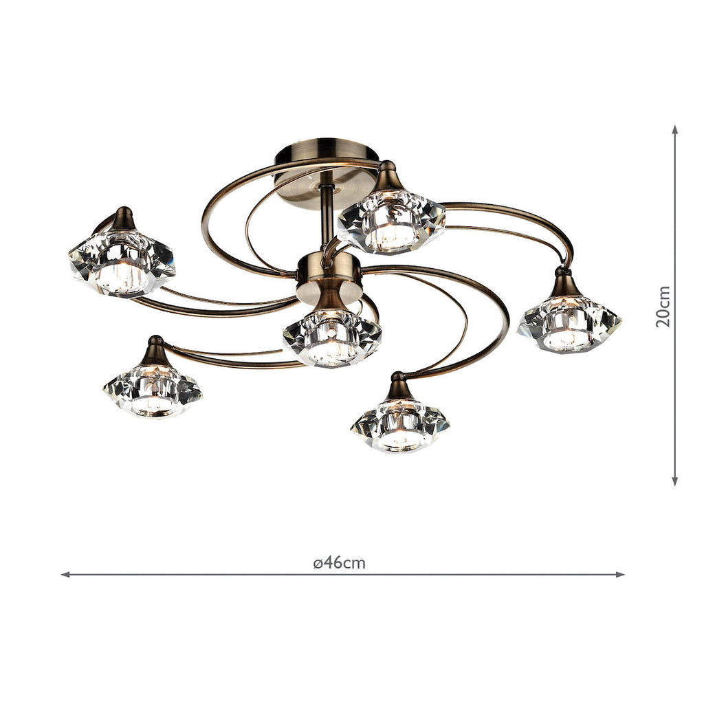 Luther 6 Light Semi Flush Antique Brass Crystal<br>Antique Brass