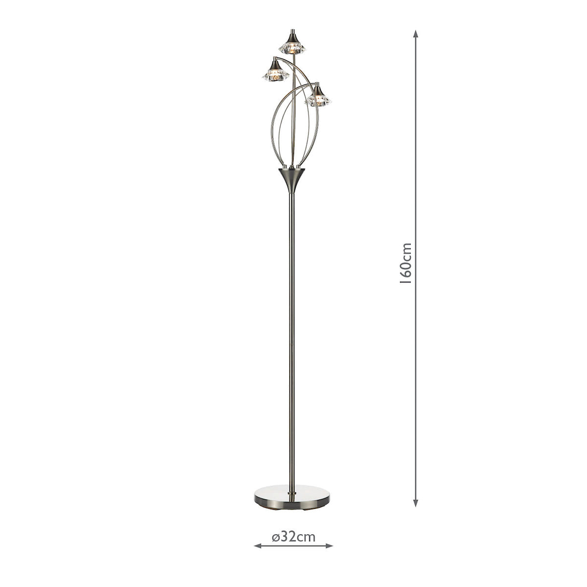 Luther 3 Light Floor Lamp Satin Chrome Crystal<br>Satin Chrome