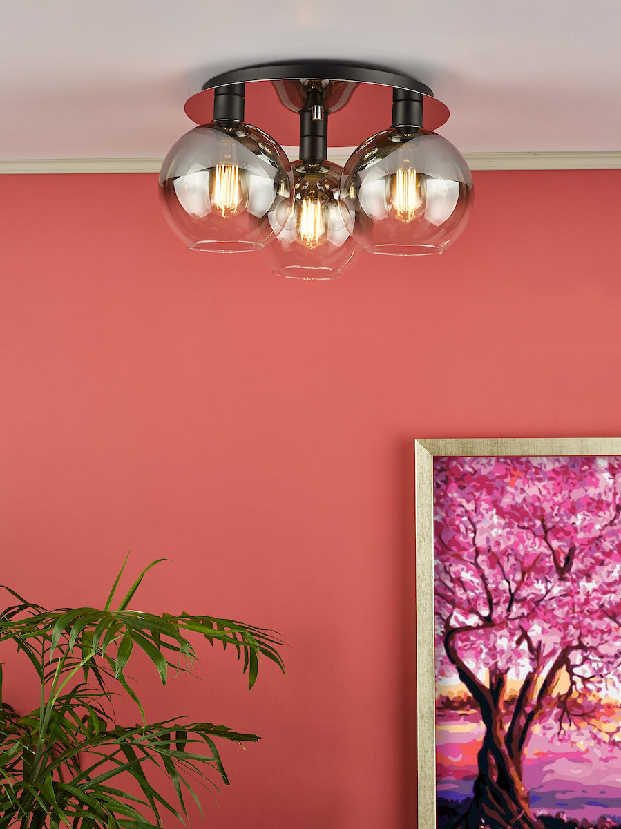 Lycia 3 Light Flush Matt Black Smoked Ombre Glass<br>Matt Black